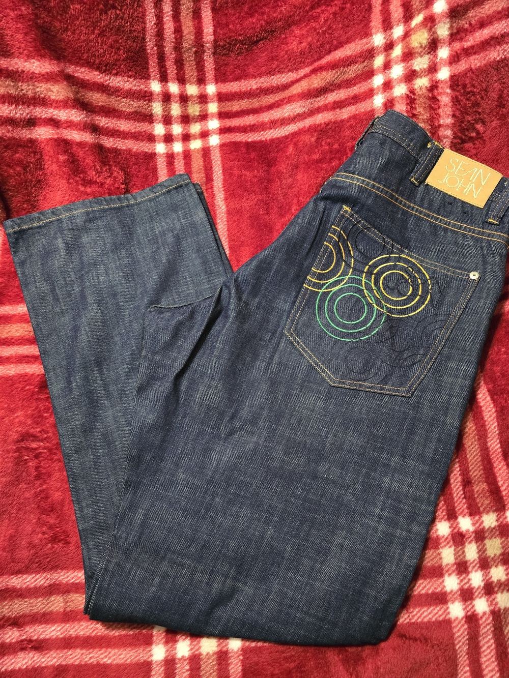 Sean John Men’s Dark Blue Jeans with Multicolor Embroidered Pocket